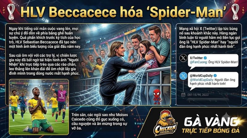HLV Beccacece hóa "Spider-Man" leo khán đài tìm người thân HLV Beccacece hóa "Spider-Man" leo khán đài tìm người thân
